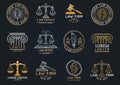 Law office symbols set with scales of justice, gavel etc illustrations. Vector attorney, advocate labels etc. Royalty Free Stock Photo