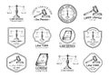 Law office icons set with scales of justice, gavel etc illustrations. Vector vintage attorney, advocate labels. Royalty Free Stock Photo