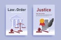 Law and Order poster with court attributes like court building, document and justice scales and judge hammer Royalty Free Stock Photo