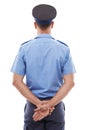 Law, police and rear view of man in studio for crime, protection and safety against white background. Security