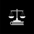 Law scale icon, justice symbol and book isolated on black background Royalty Free Stock Photo