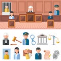 Law system banner, icon set Royalty Free Stock Photo