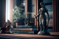 Law theme. Mallet of judge, scales of justice, books, clock.generative ai
