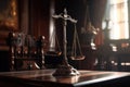 Law theme, mallet of judge, wooden desk with scales of justice, Judge Gavel and Scales of Justice in the Courthouse, Ai Generated Royalty Free Stock Photo