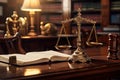 Law theme, mallet of judge, wooden gavel, books, A closeup of a wooden lawyer table with a judge, AI Generated