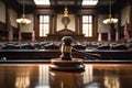 Law theme, mallet of judge, wooden gavel in courtroom