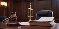Law theme, mallet of judge, wooden gavel on table in courtroom