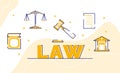 Law typography word art background of icon book scale gavel court with outline style