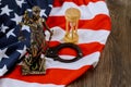 Law United States of America, statue of Lady Justice with United States of America Flag Royalty Free Stock Photo