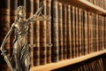 Law and wisdom. Statue of Lady Justice near shelves with books, space for text