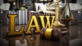 Law word, gavel and balanced scale on wooden table. 3D illustration