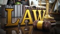 Law word, gavel and balanced scale on wooden table. 3D illustration