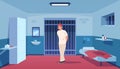 Lawbreaker in prison cell. Cartoon arrested convicted male wearing white jumpsuit. Penitentiary interior. Bed and Royalty Free Stock Photo