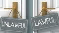 Lawful or unlawful as a choice in life - pictured as words unlawful, lawful on doors to show that unlawful and lawful are