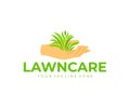 Lawn care, hand or palm holds the grass, logo design. Landscape design, landscaping, planting of greenery and floriculture, vector