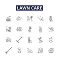 Lawn care line vector icons and signs. Gardening, Weeding, Fertilizing, Aerating, Edging, De-thatching, Mulching