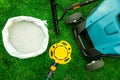 lawn care tools and equipment for perfect green grass Royalty Free Stock Photo