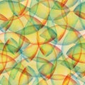 A lawn green, lime color abstract background. Hand drawn seamless watercolor repeat pattern with circles and triangles.Watercolour