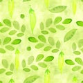 A lawn green, lime color seamless pattern with watercolor pea sprouts and branches with leaves for scrapbooking. Hand painted