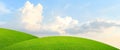 lawn hill. green field and clouds.Field with green wheat and blue sky