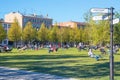 Lawn with lounge chairs on the island of New Holland in St. Petersburg