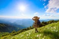 On the lawn in mountains landscapes the hipster girl in dress. Grass with daffodils. Summer scenery.