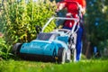 Lawn mover on green grass in modern garden or backyard. Machine for cutting lawns. Gardening care tools and equipment Royalty Free Stock Photo