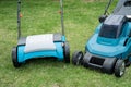 Lawn mover machine cut green grass and Electric lawn aerator, Hobby planting home garden Royalty Free Stock Photo