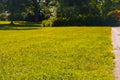 A lawn mowed by a robotic lawnmower in a public park. Texture of lush green grass