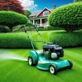 lawn mower is being used to mow