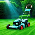 lawn mower is being used to mow