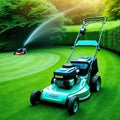 lawn mower is being used to mow