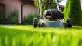 Lawn mower cutting grass in garden. Generative ai design