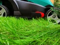 Lawn mower cutting green grass in the backyard. Gardening background.Grass close-up and wheel of a lawn mowing machine, yard care Royalty Free Stock Photo