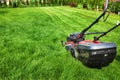 Lawn mower cutting green grass in backyard Royalty Free Stock Photo