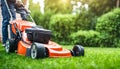 Lawn mower cutting green grass in backyard, mowing Royalty Free Stock Photo