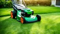 Lawn mower cutting green grass in backyard, mowing Royalty Free Stock Photo