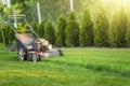 Lawn mower cutting green grass in sunlight Royalty Free Stock Photo