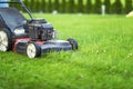 Lawn mower cutting green grass in sunlight Royalty Free Stock Photo
