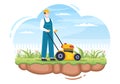 Lawn Mower Cutting Green Grass, Trimming and Care on Page or Garden in Flat Cartoon Illustration