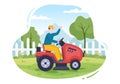 Lawn Mower Cutting Green Grass, Trimming and Care on Page or Garden in Flat Cartoon Illustration