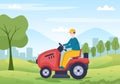 Lawn Mower Cutting Green Grass, Trimming and Care on Page or Garden in Flat Cartoon Illustration