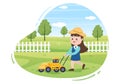 Lawn Mower Cutting Green Grass, Trimming and Care on Page or Garden in Flat Cute Cartoon Illustration