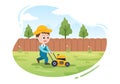 Lawn Mower Cutting Green Grass, Trimming and Care on Page or Garden in Flat Cute Cartoon Illustration