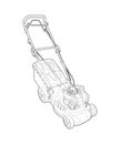 Lawn mower - detailed linear drawing. garden grass cutter - illustration, coloring. mowing grass - a manual car on gasoline. mow