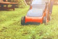 Lawn mower mower grass equipment mowing gardener care work tool Royalty Free Stock Photo