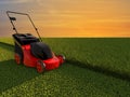 Lawn mower on green field Royalty Free Stock Photo