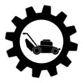 Lawn mower machine icon technology equipment tool in gear, gardening grass cutter Royalty Free Stock Photo