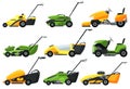 Lawn mower machines set in various types, green and yellow colors. Trimming, pruning and cutting grass electric mower