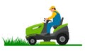 Lawn mower for mow of grass. Man on lawnmower mowing garden. Tractor ride on field. Gardener care for green. Summer gardening. Royalty Free Stock Photo